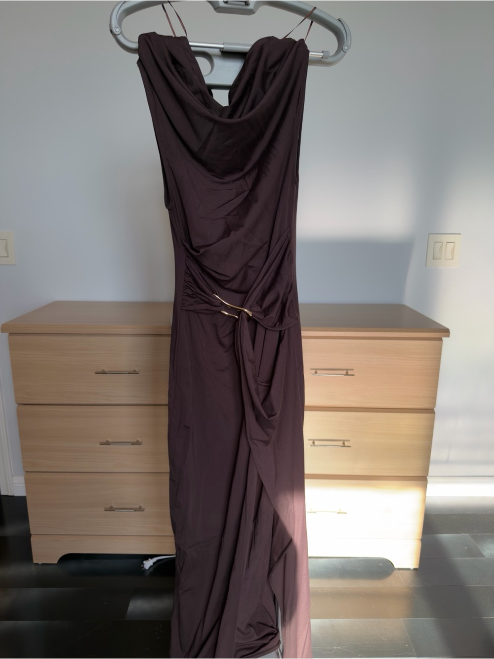Elegant Draped Evening Gown in Deep Plum
